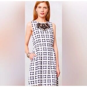 Lilka Anthropologie Women's Tattersall Dress Medium White Black‎ Sleeveless Lace